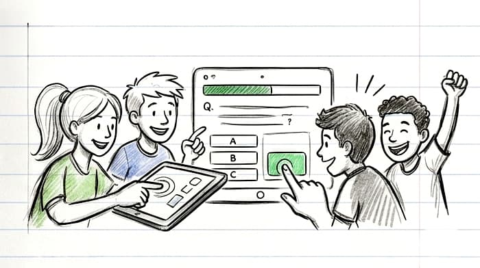 Studenti che rispondono a un quiz dal tablet e dalla lavagna interattiva.